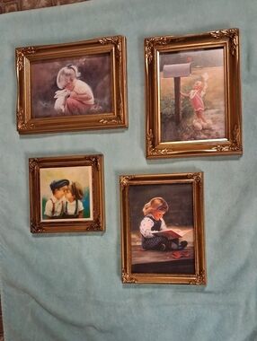 Set of Four Gold Ornate Picture Frames with Child-Themed Prints Donald Zolam
